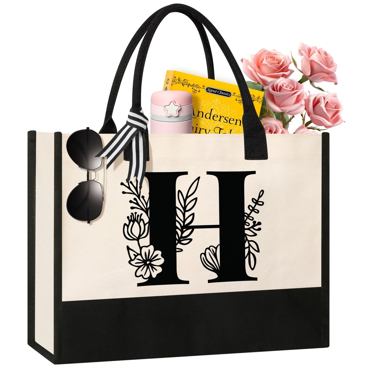 Personalized Initial Canvas Tote Bag, Cosmetic Bags, Suitable for Birthday, Wedding, Beach, Holiday, Great Birthday Gifts for Women, Mom, Teachers, Nurses, Best Friends, Bridesmaids (S)