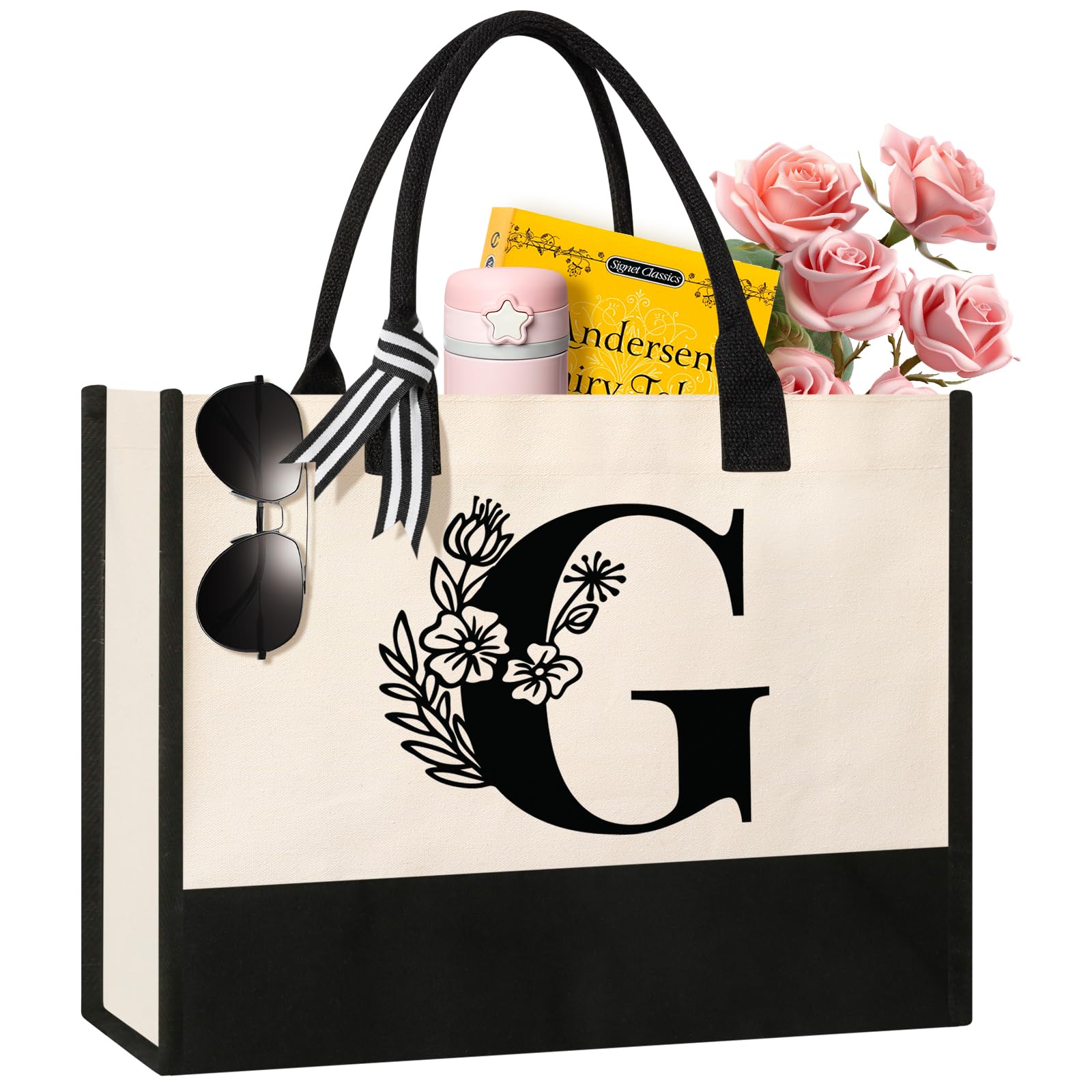 Personalized Initial Canvas Tote Bag, Cosmetic Bags, Suitable for Birthday, Wedding, Beach, Holiday, Great Birthday Gifts for Women, Mom, Teachers, Nurses, Best Friends, Bridesmaids (S)