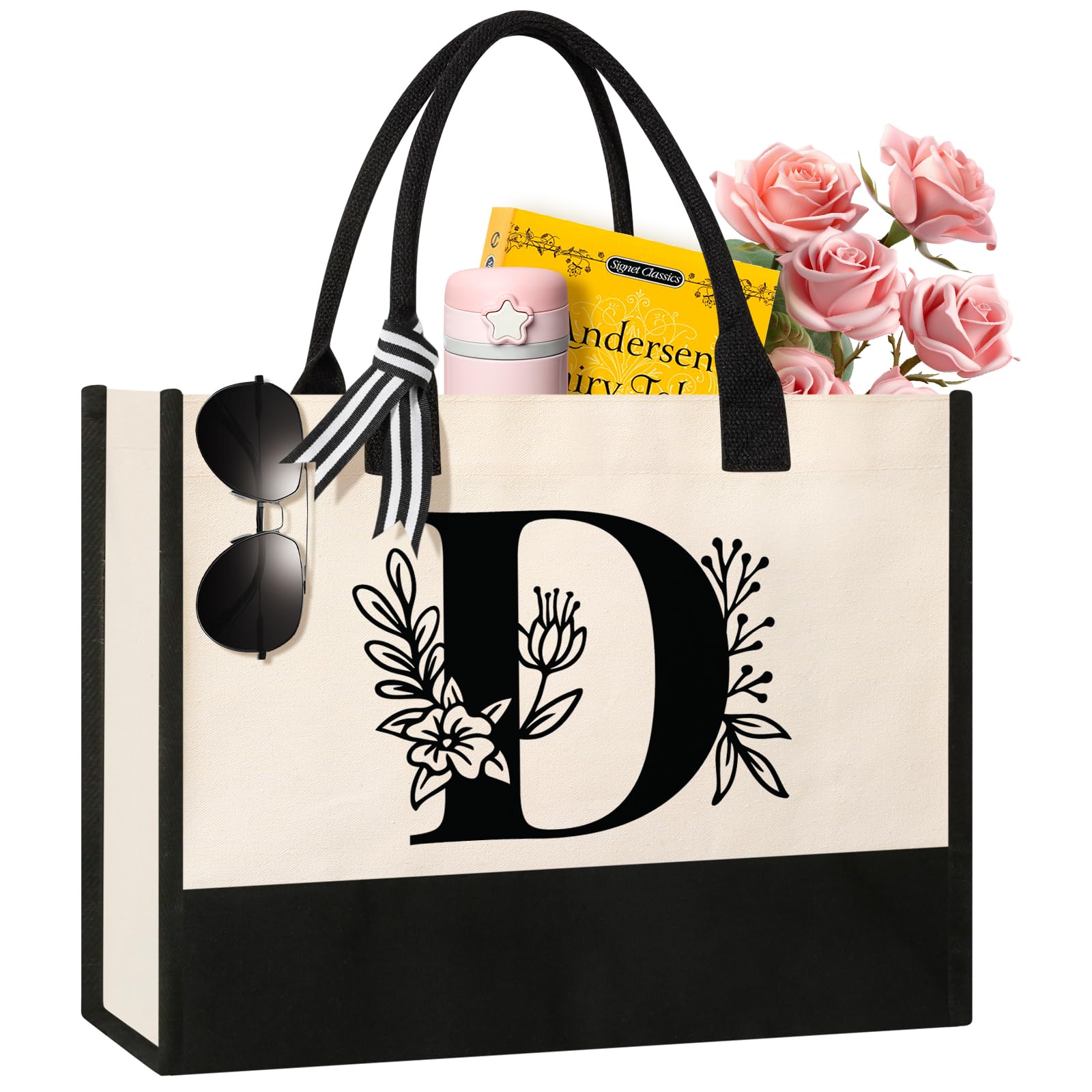 Personalized Initial Canvas Tote Bag, Cosmetic Bags, Suitable for Birthday, Wedding, Beach, Holiday, Great Birthday Gifts for Women, Mom, Teachers, Nurses, Best Friends, Bridesmaids (S)