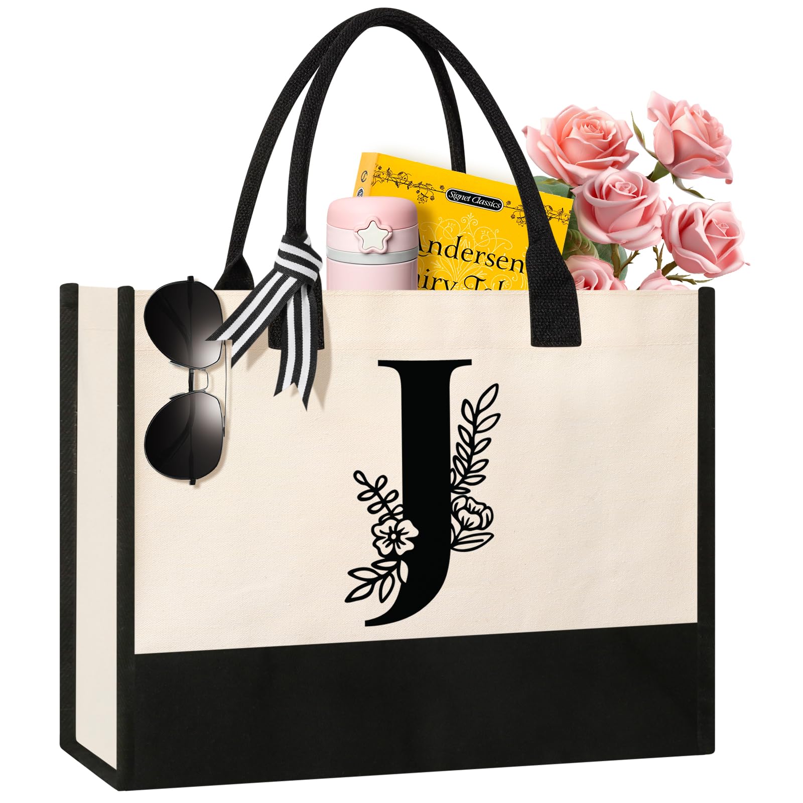 Personalized Initial Canvas Tote Bag, Cosmetic Bags, Suitable for Birthday, Wedding, Beach, Holiday, Great Birthday Gifts for Women, Mom, Teachers, Nurses, Best Friends, Bridesmaids (S)