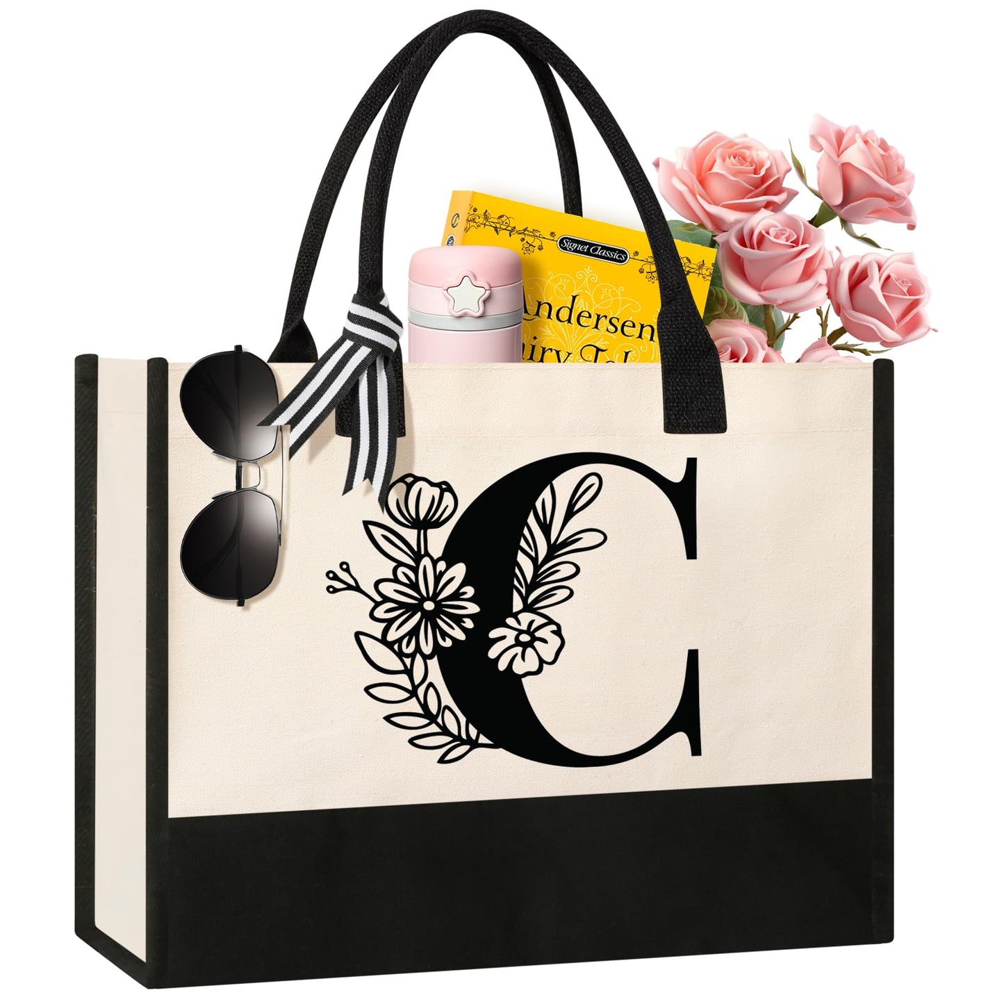 Personalized Initial Canvas Tote Bag, Cosmetic Bags, Suitable for Birthday, Wedding, Beach, Holiday, Great Birthday Gifts for Women, Mom, Teachers, Nurses, Best Friends, Bridesmaids (S)