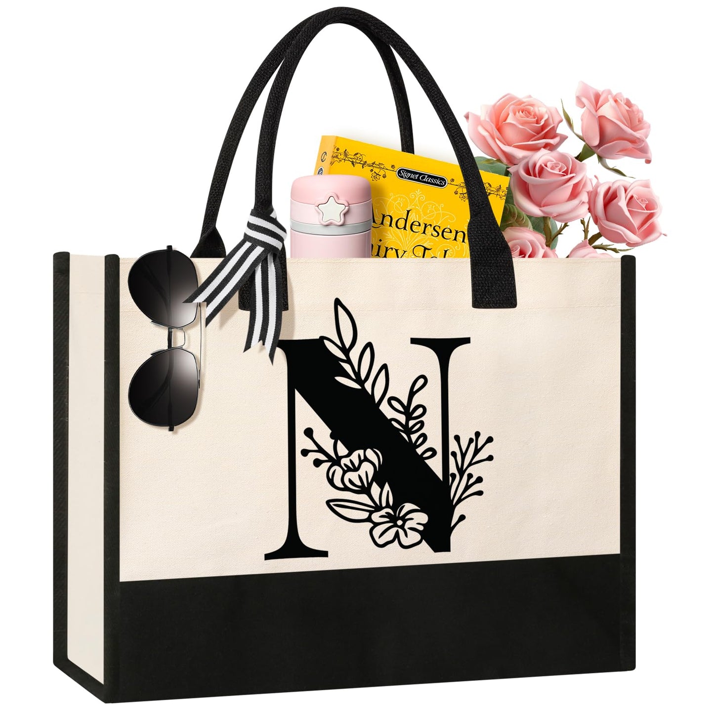 Personalized Initial Canvas Tote Bag, Cosmetic Bags, Suitable for Birthday, Wedding, Beach, Holiday, Great Birthday Gifts for Women, Mom, Teachers, Nurses, Best Friends, Bridesmaids (S)