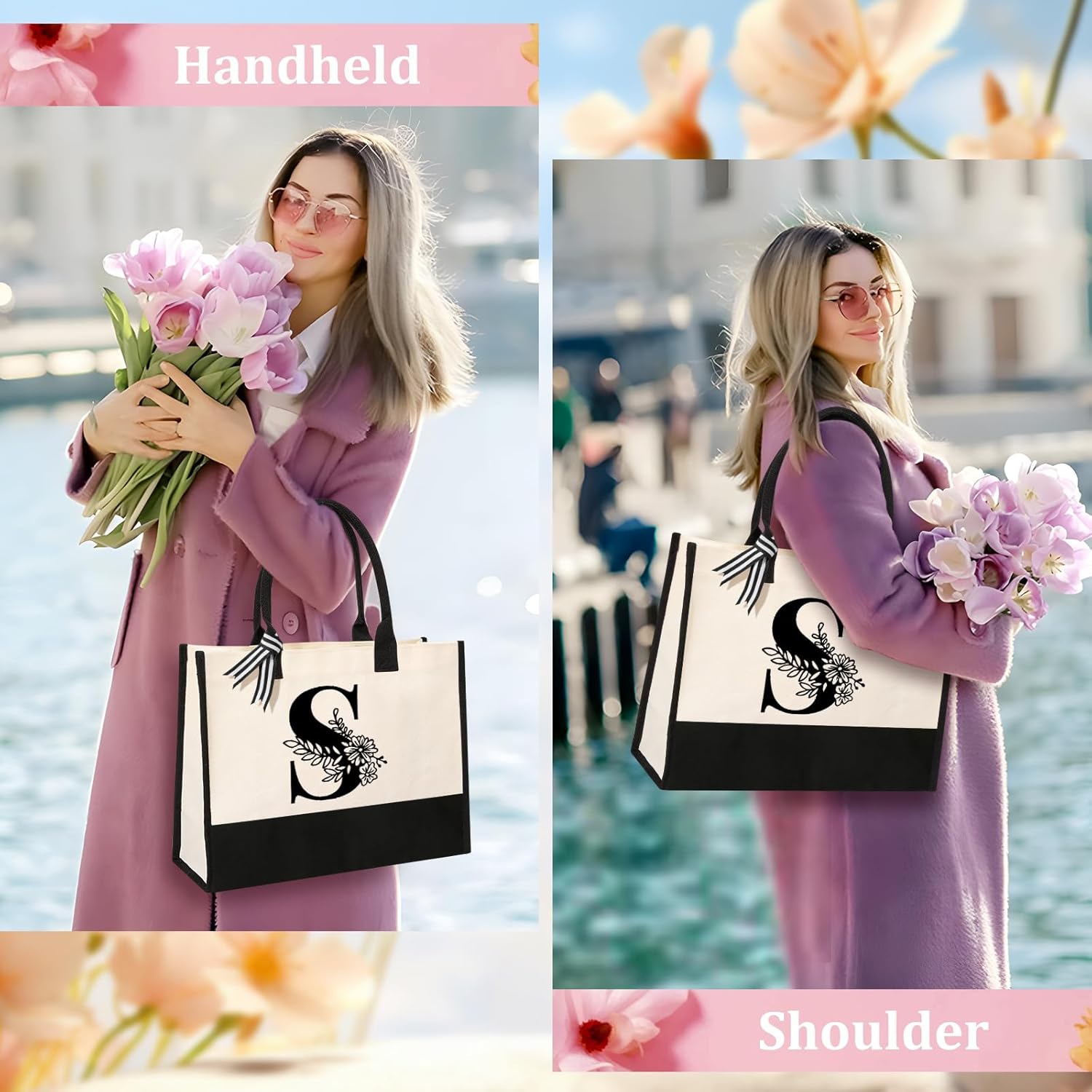 Personalized Initial Canvas Tote Bag, Cosmetic Bags, Suitable for Birthday, Wedding, Beach, Holiday, Great Birthday Gifts for Women, Mom, Teachers, Nurses, Best Friends, Bridesmaids (S)