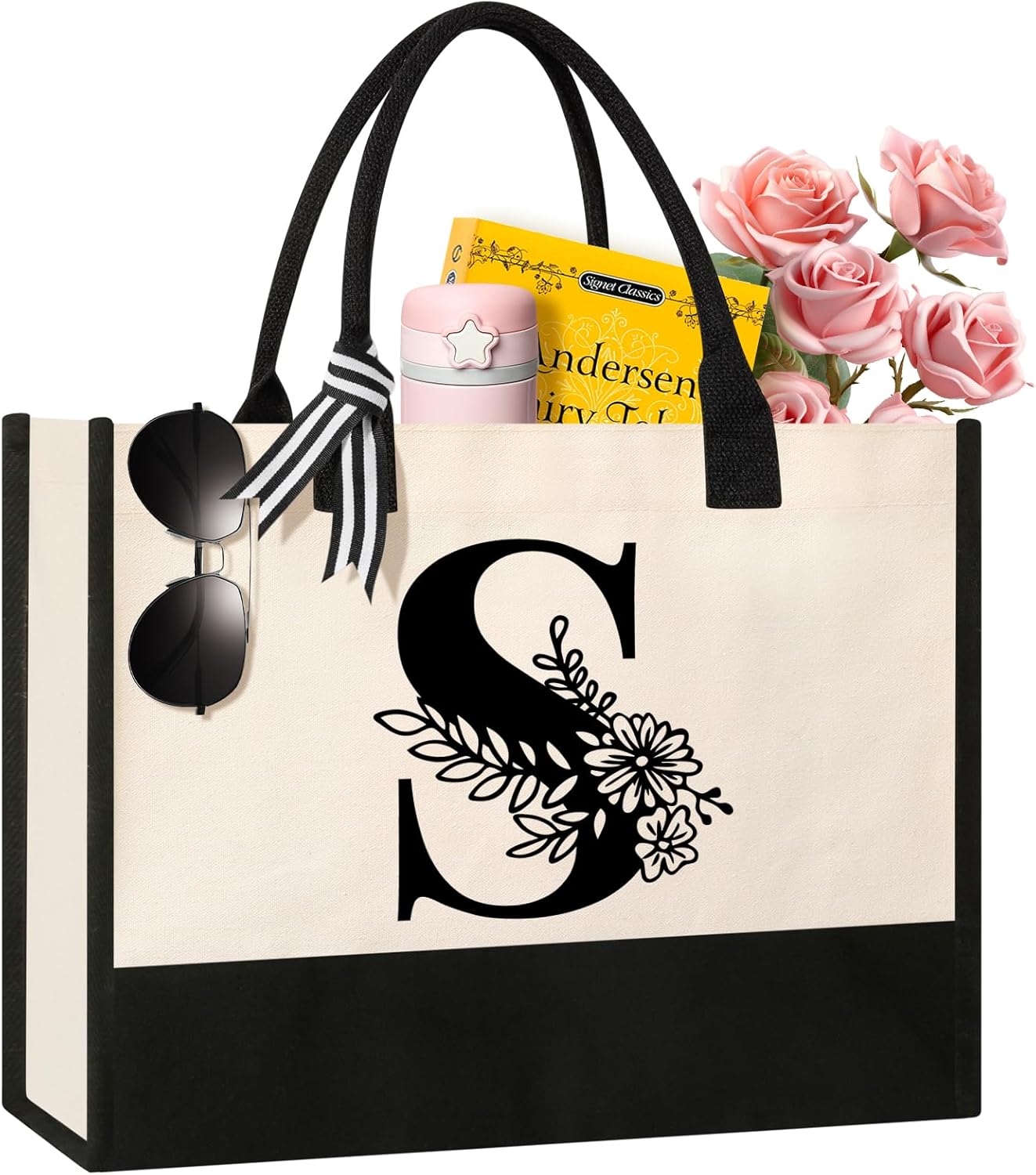 Personalized Initial Canvas Tote Bag, Cosmetic Bags, Suitable for Birthday, Wedding, Beach, Holiday, Great Birthday Gifts for Women, Mom, Teachers, Nurses, Best Friends, Bridesmaids (S)