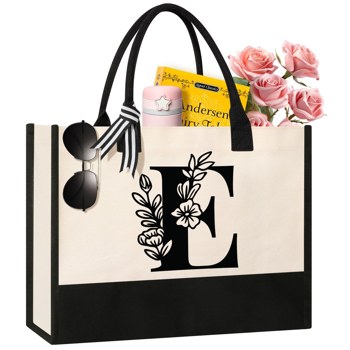 Personalized Initial Canvas Tote Bag, Cosmetic Bags, Suitable for Birthday, Wedding, Beach, Holiday, Great Birthday Gifts for Women, Mom, Teachers, Nurses, Best Friends, Bridesmaids (S)