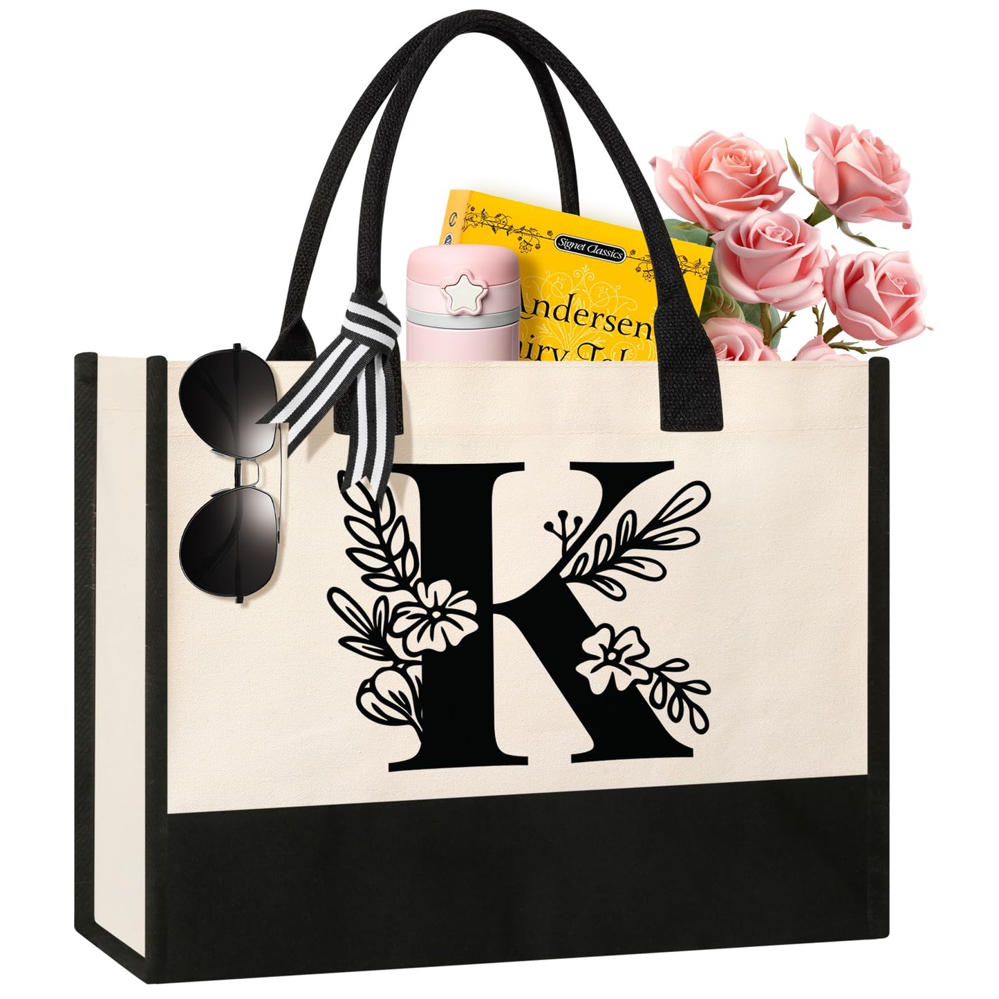 Personalized Initial Canvas Tote Bag, Cosmetic Bags, Suitable for Birthday, Wedding, Beach, Holiday, Great Birthday Gifts for Women, Mom, Teachers, Nurses, Best Friends, Bridesmaids (S)