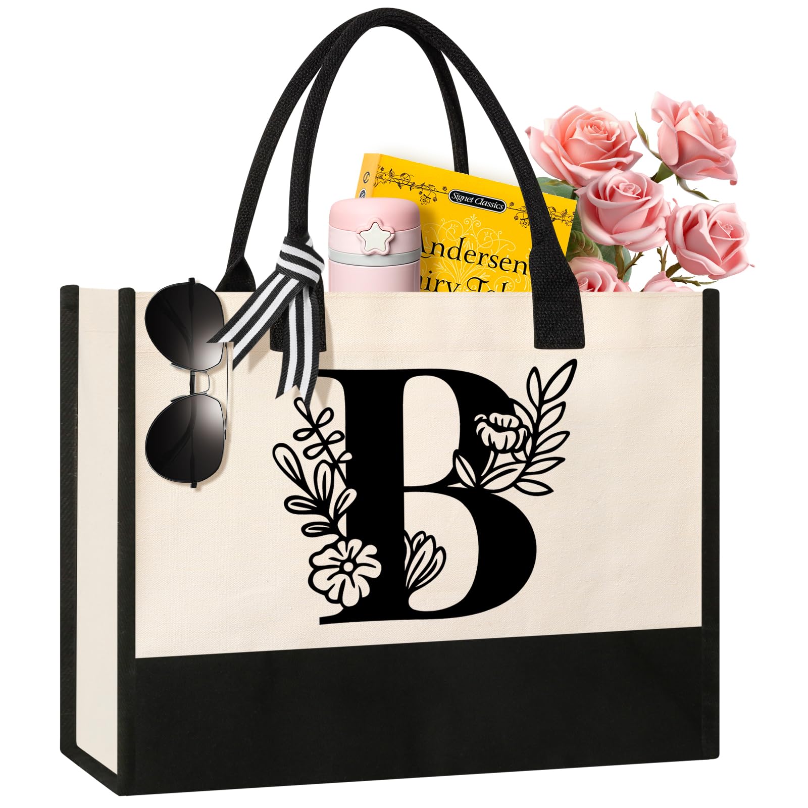 Personalized Initial Canvas Tote Bag, Cosmetic Bags, Suitable for Birthday, Wedding, Beach, Holiday, Great Birthday Gifts for Women, Mom, Teachers, Nurses, Best Friends, Bridesmaids (S)