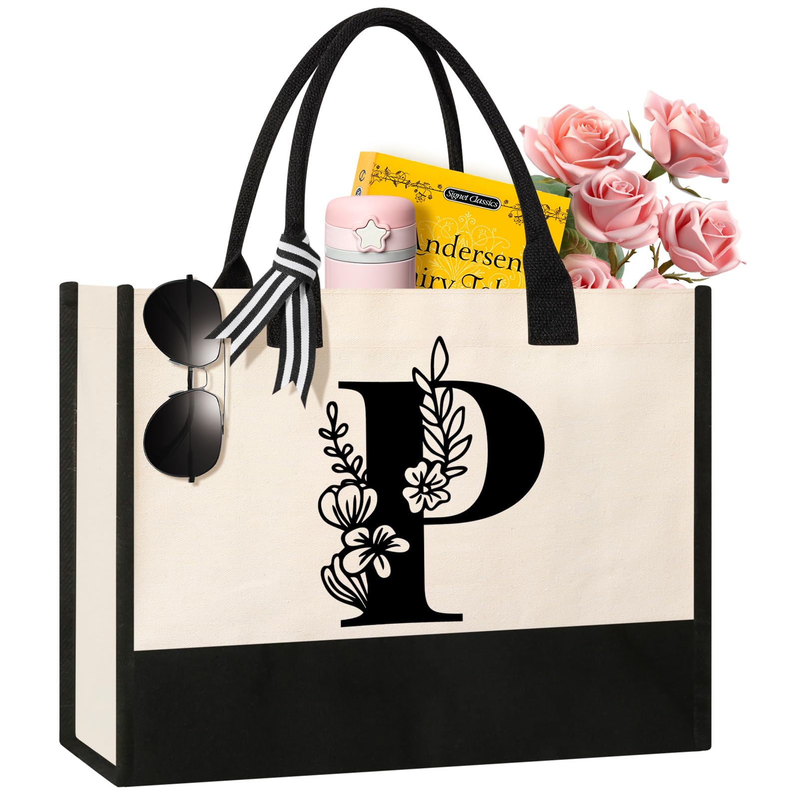 Personalized Initial Canvas Tote Bag, Cosmetic Bags, Suitable for Birthday, Wedding, Beach, Holiday, Great Birthday Gifts for Women, Mom, Teachers, Nurses, Best Friends, Bridesmaids (S)