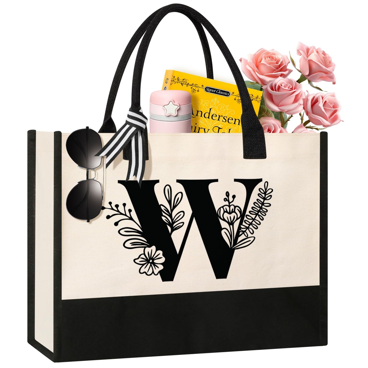 Personalized Initial Canvas Tote Bag, Cosmetic Bags, Suitable for Birthday, Wedding, Beach, Holiday, Great Birthday Gifts for Women, Mom, Teachers, Nurses, Best Friends, Bridesmaids (S)