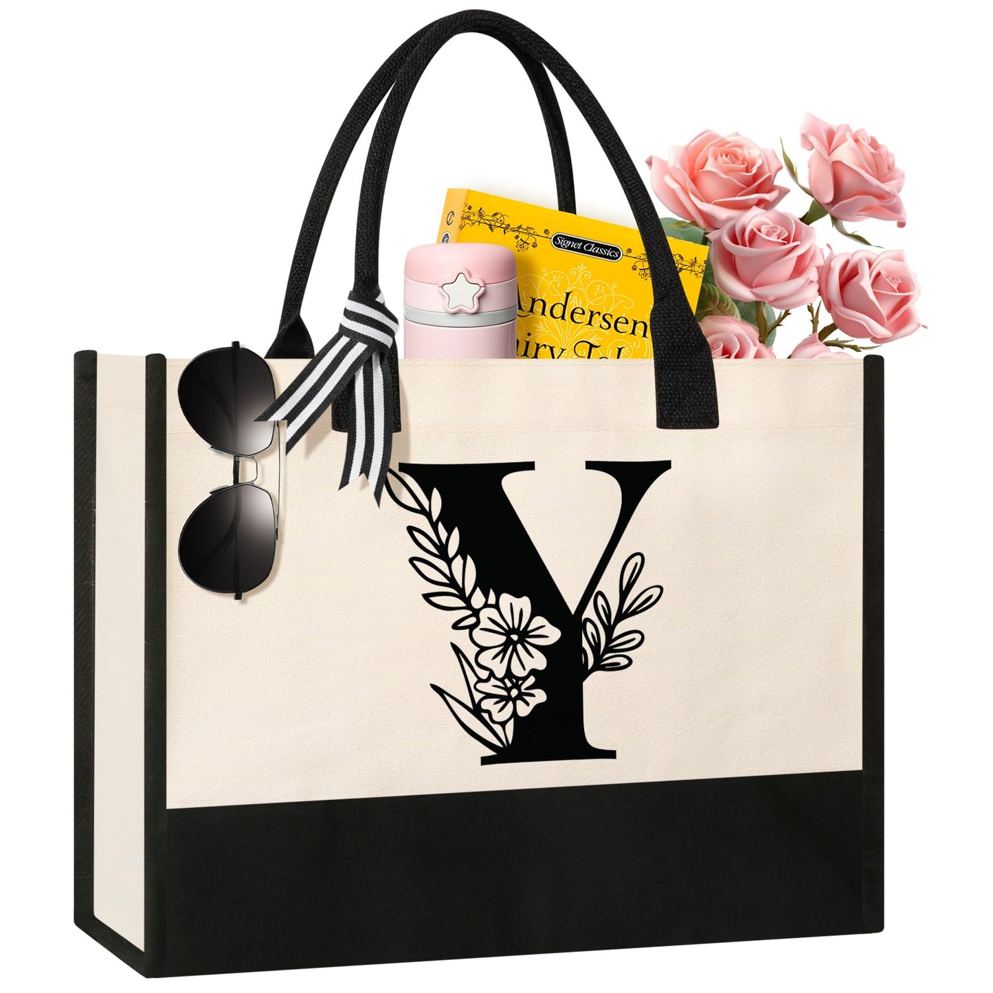 Personalized Initial Canvas Tote Bag, Cosmetic Bags, Suitable for Birthday, Wedding, Beach, Holiday, Great Birthday Gifts for Women, Mom, Teachers, Nurses, Best Friends, Bridesmaids (S)