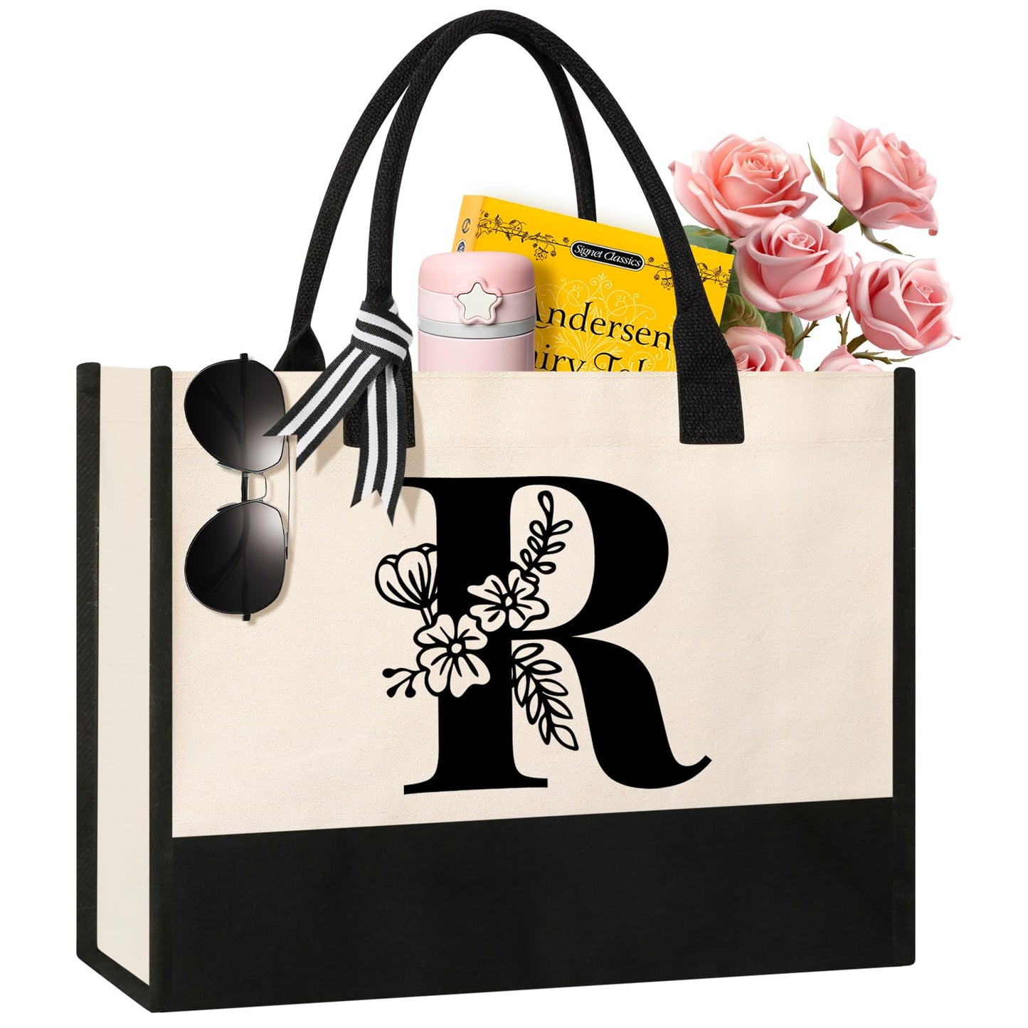 Personalized Initial Canvas Tote Bag, Cosmetic Bags, Suitable for Birthday, Wedding, Beach, Holiday, Great Birthday Gifts for Women, Mom, Teachers, Nurses, Best Friends, Bridesmaids (S)