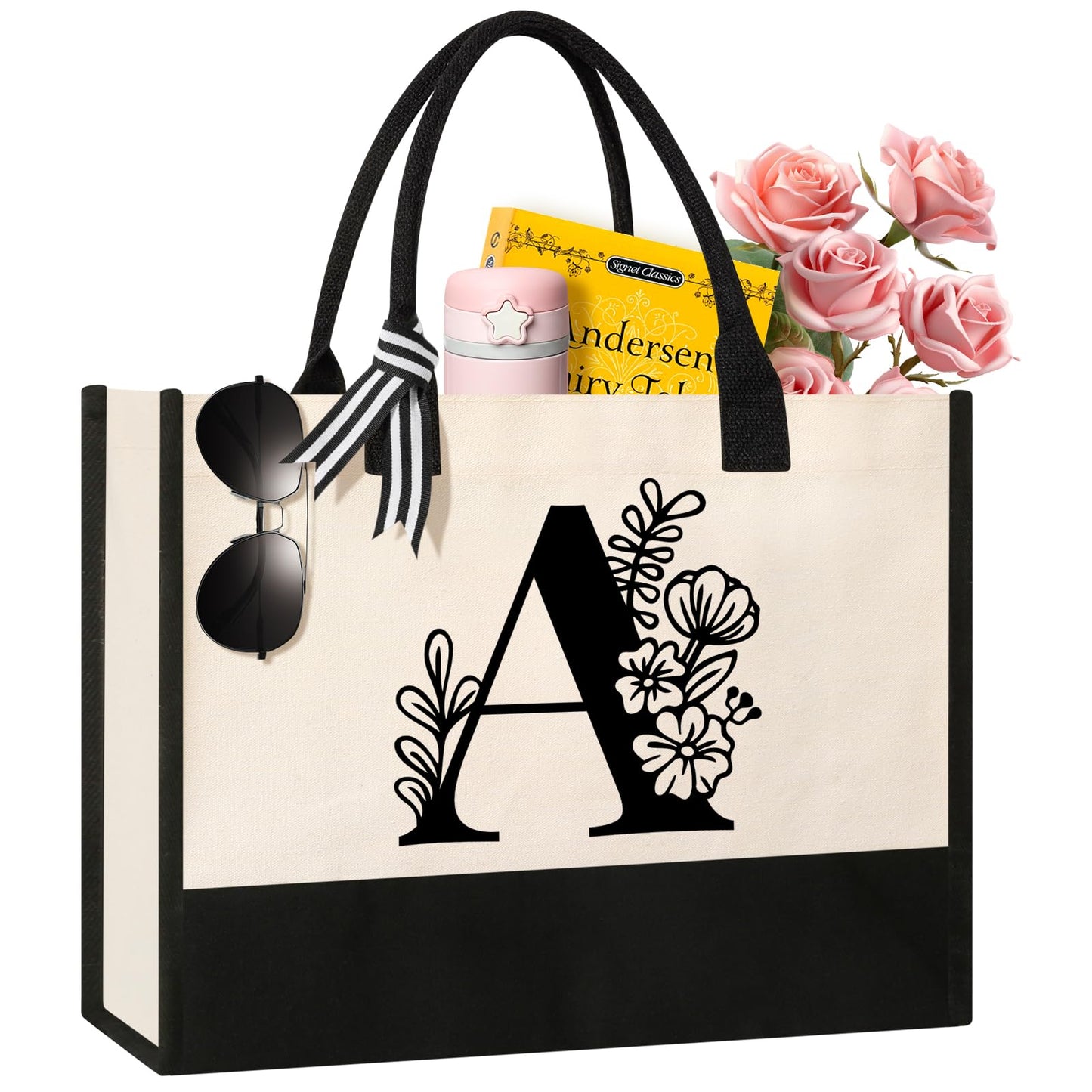 Personalized Initial Canvas Tote Bag, Cosmetic Bags, Suitable for Birthday, Wedding, Beach, Holiday, Great Birthday Gifts for Women, Mom, Teachers, Nurses, Best Friends, Bridesmaids (S)
