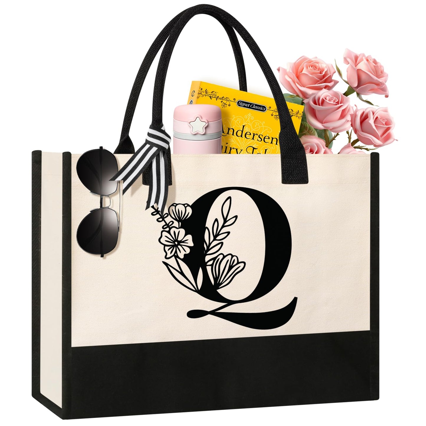 Personalized Initial Canvas Tote Bag, Cosmetic Bags, Suitable for Birthday, Wedding, Beach, Holiday, Great Birthday Gifts for Women, Mom, Teachers, Nurses, Best Friends, Bridesmaids (S)