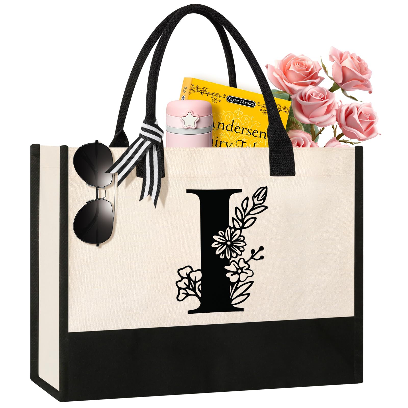 Personalized Initial Canvas Tote Bag, Cosmetic Bags, Suitable for Birthday, Wedding, Beach, Holiday, Great Birthday Gifts for Women, Mom, Teachers, Nurses, Best Friends, Bridesmaids (S)