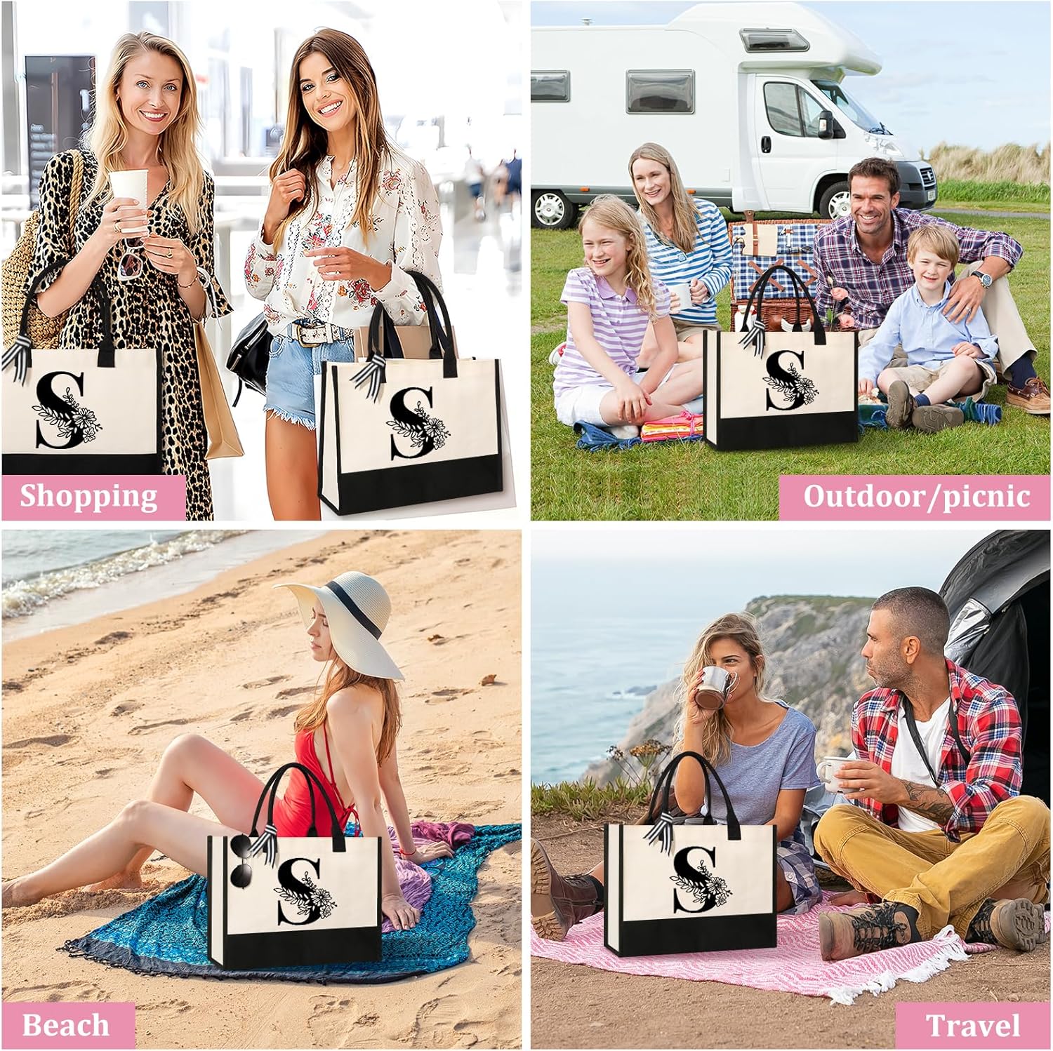 Personalized Initial Canvas Tote Bag, Cosmetic Bags, Suitable for Birthday, Wedding, Beach, Holiday, Great Birthday Gifts for Women, Mom, Teachers, Nurses, Best Friends, Bridesmaids (S)